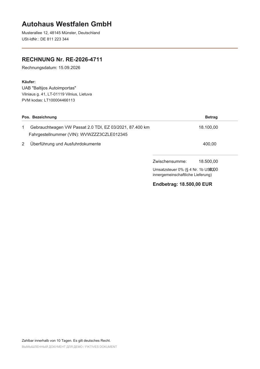 PDF-фактура немецкого автодилера: Rechnung, VIN, USt-IdNr, Endbetrag EUR